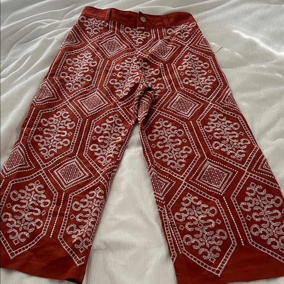 Calypso St. Barth Pants - Calypso St. Barth Terracotta Cropped Wide Leg Stitched Linen Pant M